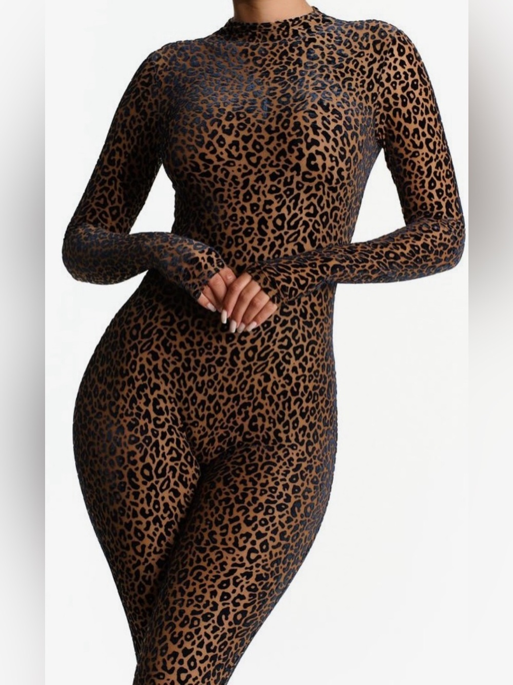 Women's Leopard Print Long-Sleeve Jumpsuit - Brown/Black - Picture 2 of 4